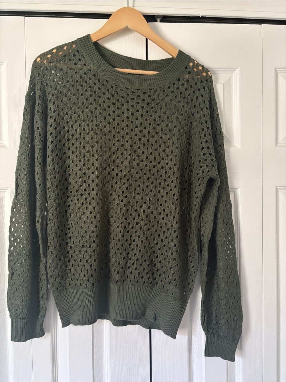 Women's Olive Open-Knit Sweater Crewneck